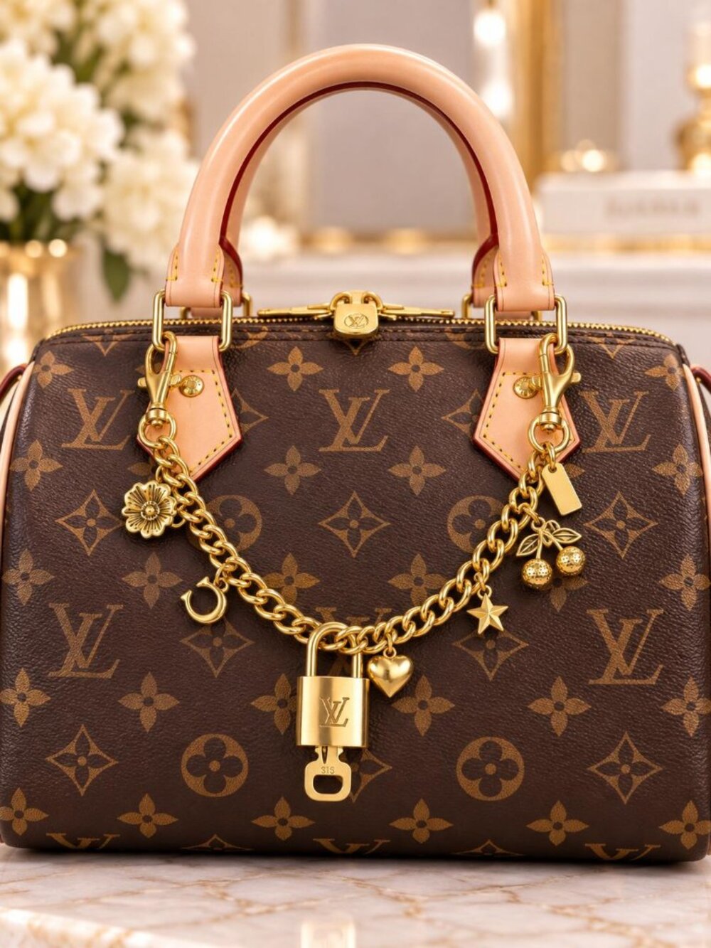 Authentic Louis Vuitton Gold Padlock with Unbranded Decorative Bag Chain / Charm